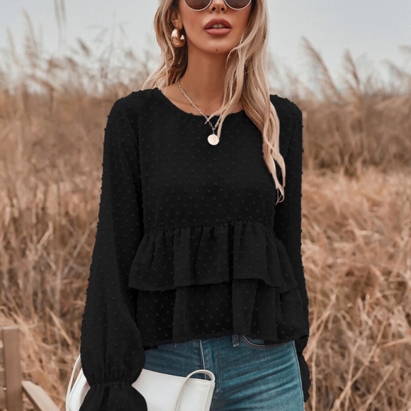 blue swiss dot ruffle babydoll long sleeve top - Picture 12 of 13